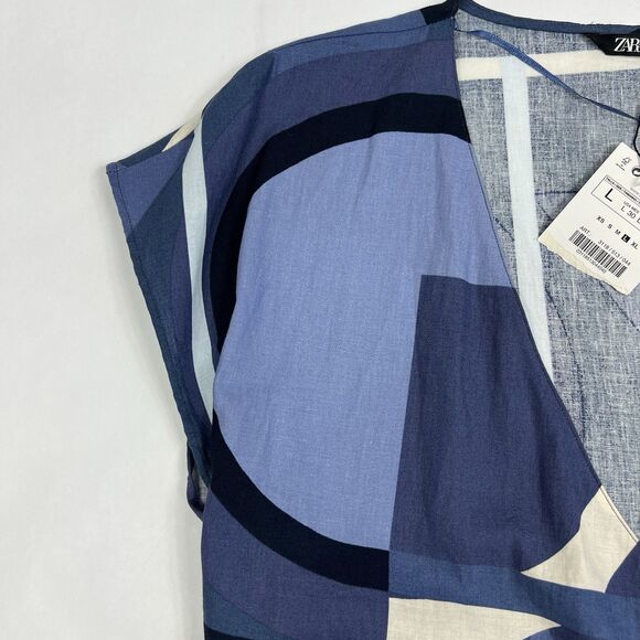 NEW Zara Navy Abstract Geo Print Linen Blend V Neck Cap Sleeve Top Women’s Large - Picture 4 of 8
